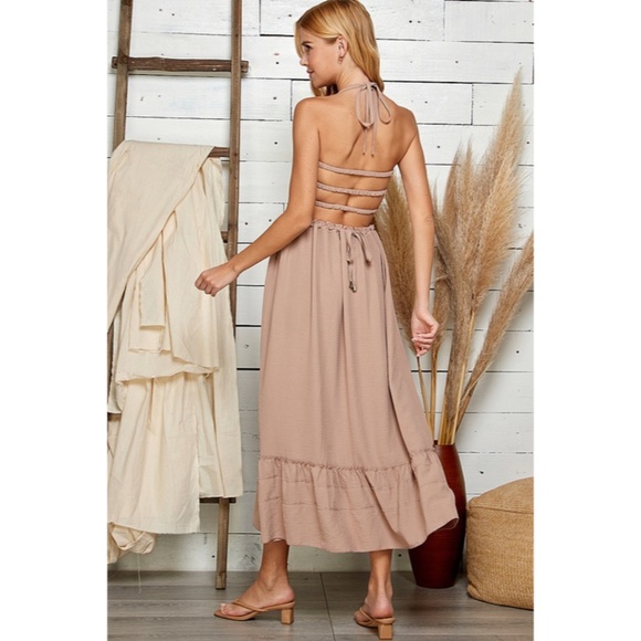 SOLD OUT Nude Bohemian Solid Smocked Open Strappy Back Ruffle Hem Halter Dress - Picture 5 of 5